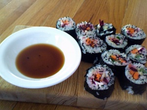Veggie sushi with braggs.  Quick, easy, and tasty!